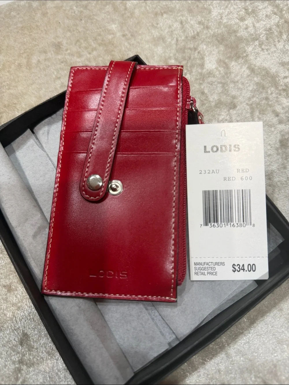Lodis Red Leather Women’s Card Wallet with Snap Strap and Zip